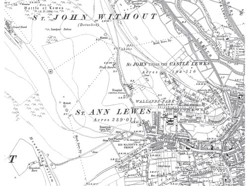 Ordnance Survey map showing Lewes 1911