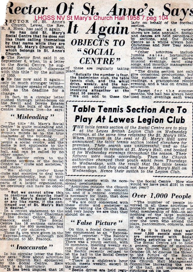 Lewes, Nevill 1958 Rector objects to social centre at St Mary's Church Hall