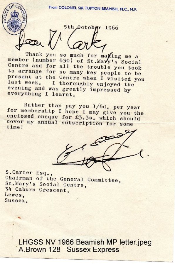Lewes, Nevill 1966 October, Letter from MP Beamish