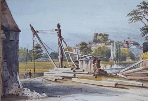 Timberyard in the Cliffe, 1830s watercolour