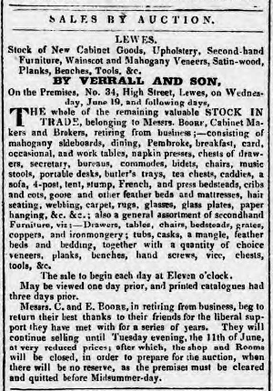 Boore closing down sale auction advertisement 1839