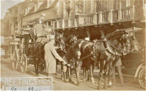 Coach and four outside White Hart, Lewes, postcard posted 1913