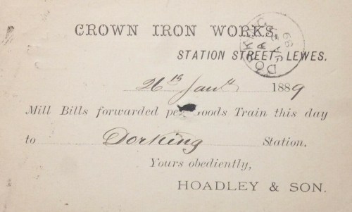 Hoadley and Son Crown Iron Works, Lewes postcard 1889, message side