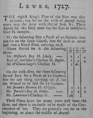Lewes 1727 page from Racing Calendar