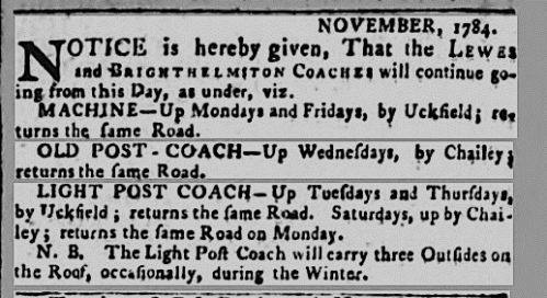Lewes and Brighthelmston Coaches services, 1784