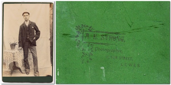 Photograph of young man, by A.E. Streng, Lewes, and reverse