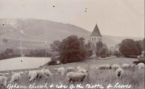 James Cheetham postcard of sheep, Offham church, and Downs
