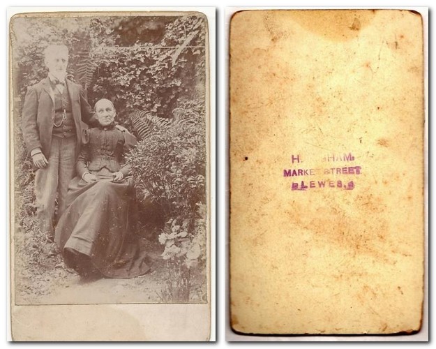 Photographic portrait of a couple, by Hugh Higham, Lewes, c.1890s, and reverse of the carte de visite