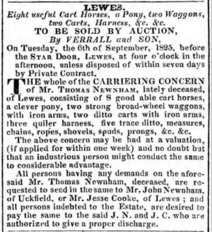 Thomas Newnham's Lewes carrier business for sale, 1825
