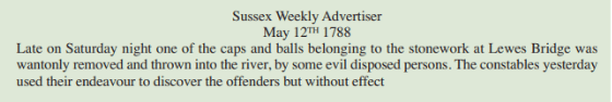Sussex Weekly Advertiser, 12 May 1788, vandalism at Cliffe Bridge