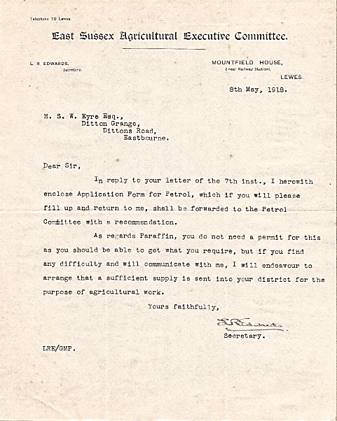 East Sussex Agricultural Executive Committee letter regarding Application form for Petrol, 1918