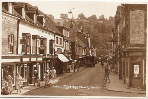 Cliffe High Street, Lewes, E.A. Sweetman postcard 1950s