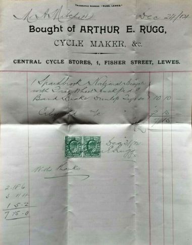 Invoice for bicycle from Arthur E. Rugg, Lewes