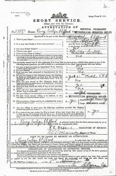 Percy Evelyn Clifford Attestation form 1901