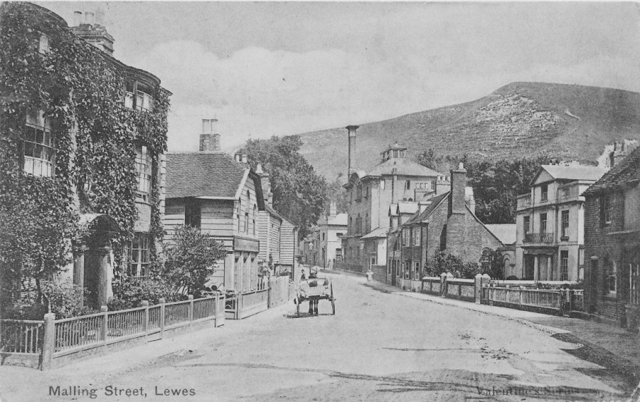 Malling Street showing brewery, Lewes, Valentine postcard