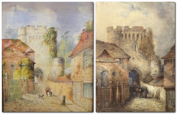 Approach to the Barbican, Lewes, anonymous, Barbican entrance to Lewes Castle, style of Prout