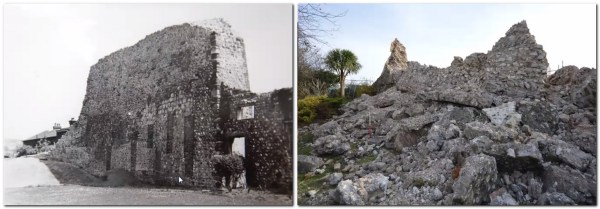 Lewes Castle wall section in 1954, and in 2019 after collapse