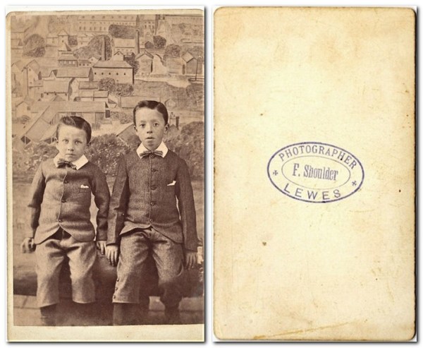 Victorian Carte de Visite of two boys, by Lewes photographer F. Shoulder - front, back