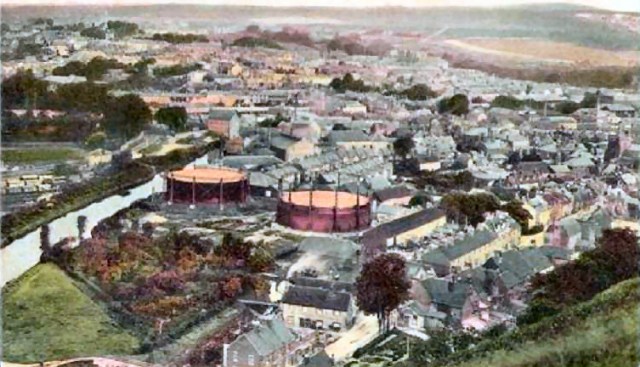 Lewes view with gas works, c.1900s postcard