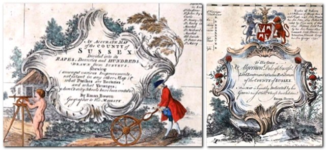 18th Century surveyors, and Dedication to Algenon, Duke of Somerset, from Emmanuel Bowen's 1750 Map of Sussex
