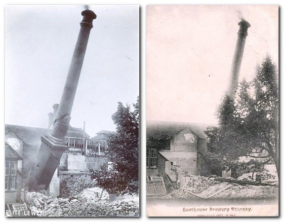 Bliss, and Mezzotint postcards of the demolition of the Southover Brewery's chimney, 1905