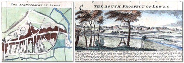 Street plan of Lewes, and Southern Prospect of Lewes, from Emmanuel Bowen's 1750 Map of Sussex