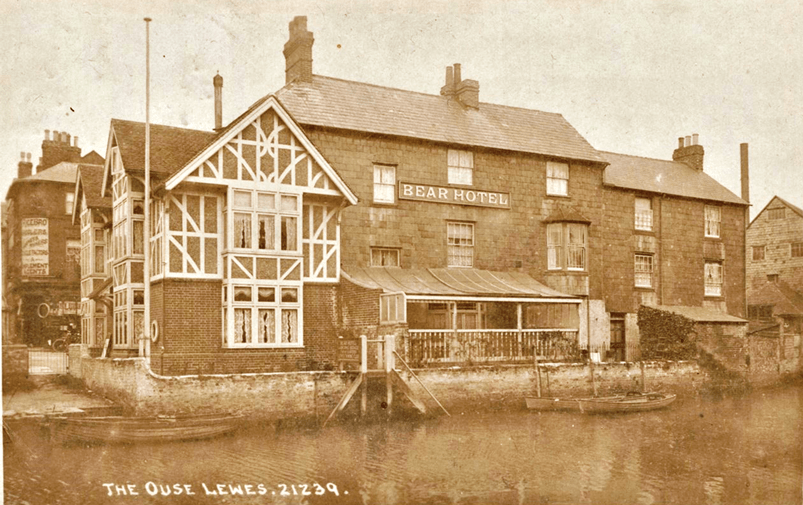 Bear Hotel by River Ouse, Lewes, postcard