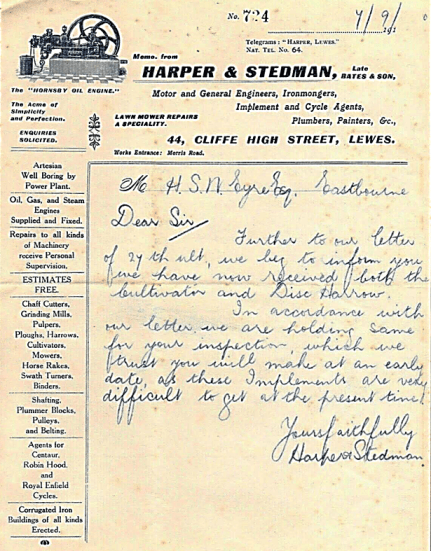 Harper and Stedman, Lewes, letter to customer, 1910