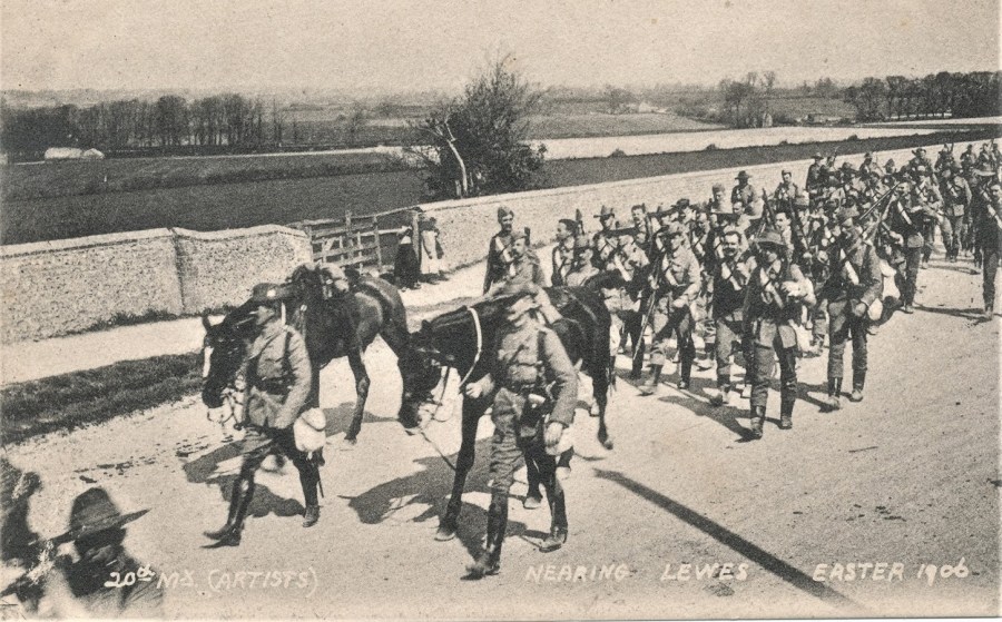 Middlesex Regiment Artists Rifle's battalion marching towards Earwig Corner, Lewes, Easter 1906