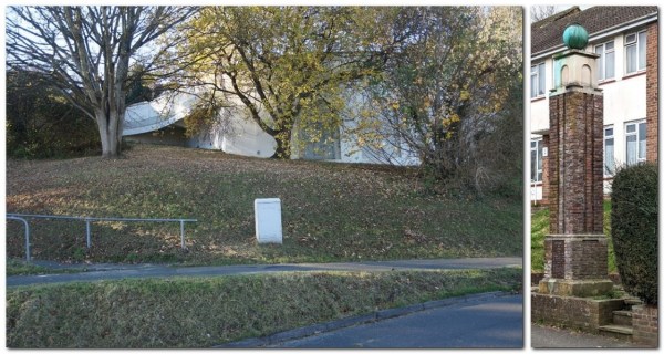 Landport access road concrete bastion, opened 1939, and Meridian obelisk at Landport, built 1938