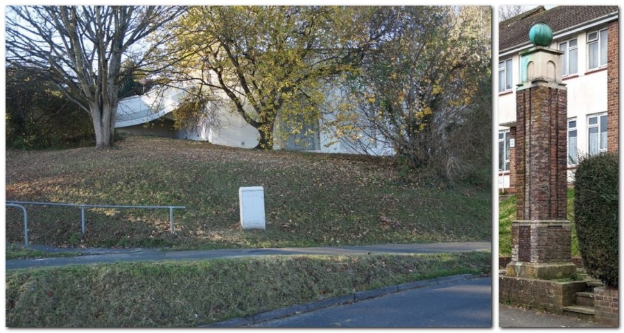 Landport access road concrete bastion, opened 1939, and Meridian obelisk at Landport, built 1938
