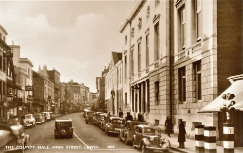 Traffic in Lewes High Street, 1955, postcard