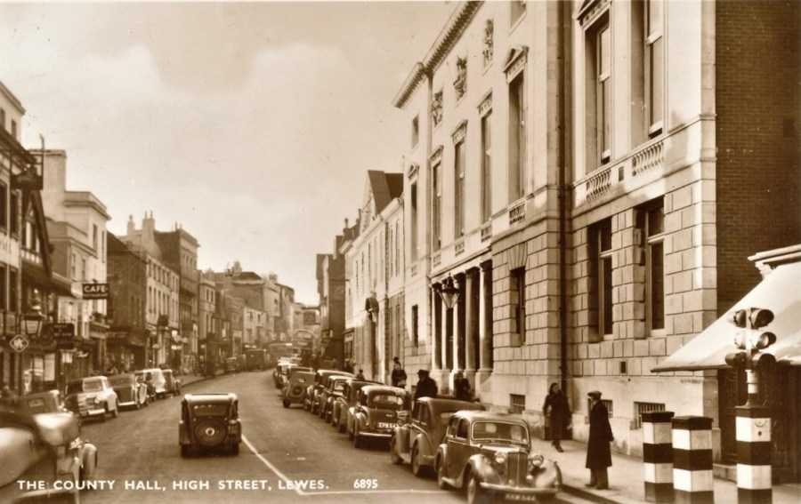 Traffic in Lewes High Street, 1955, postcard