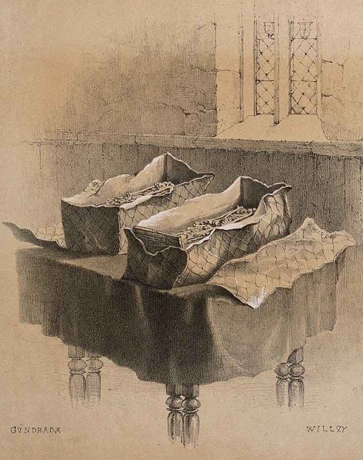 de Warrenne burial cysts, Frederick William Woledge lithograph