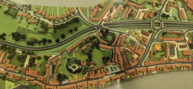Lewes Inner Relief Road 3-D model: Aerial gyratories at North and Market Streets, and Elephant and Castle pub site