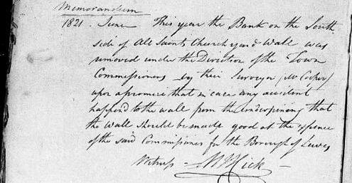 Note in All Saints parish register on safety of a wall